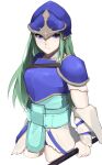  1girl aqua_hair armor blue_armor blue_eyes blue_headwear breastplate closed_mouth cowboy_shot cropped_legs expressionless fire_emblem fire_emblem:_path_of_radiance helmet highres holding holding_polearm holding_weapon long_hair nephenee_(fire_emblem) polearm seinikuten shoulder_armor simple_background solo straight_hair weapon white_background 