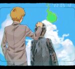  2boys bag black_hair blonde_hair blue_sky blurry bowl_cut day depth_of_field ekubo_(mob_psycho_100) facing_away from_behind gakuran grey_jacket hand_on_another&#039;s_head headpat height_difference highres hitodama jacket kageyama_shigeo letterboxed long_sleeves male_focus miuve mob_psycho_100 multiple_boys outdoors reigen_arataka school_bag school_uniform short_hair side-by-side sky timestamp upper_body viewfinder 