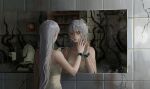  1girl absurdres arknights bathroom broken_mirror chinese_commentary closed_mouth commentary_request crack dress expressionless grey_hair hair_between_eyes hand_up highres indoors infection_monitor_(arknights) lips long_hair looking_at_mirror mirror painting_(object) red_eyes reflection shelf skadi_(arknights) sodiumcc solo spaghetti_strap tentacles toilet toilet_paper upper_body white_dress 