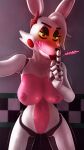  3d_(artwork) absurd_res anthro being_watched big_breasts bodily_fluids breasts canid canine digital_media_(artwork) female first_person_view five_nights_at_freddy&#039;s five_nights_at_freddy&#039;s_2 fox genital_fluids genitals hi_res looking_at_another looking_at_viewer mammal mangle_(fnaf) pinned pinned_to_wall pussy pussy_juice rohaz scottgames small_waist solo source_filmmaker standing steam sweat wet wet_body 