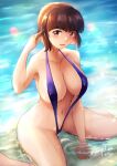  1girl absurdres adjusting_hair artist_name bangs bare_shoulders beach between_legs blunt_bangs blurry blush bob_cut bokeh breasts brown_eyes brown_hair cameltoe cleavage collarbone commentary commission dated depth_of_field english_commentary groin hand_between_legs hand_up highres in_water large_breasts looking_at_viewer mixed-language_commentary navel ocean on_ground one-piece_swimsuit outdoors parted_lips partially_submerged playing_with_own_hair purple_one-piece_swimsuit ranma_1/2 shallow_water short_hair signature sitting slingshot_swimsuit smile solo swimsuit tendou_nabiki twitter_username wariza water wet wide_hips zee_n3 