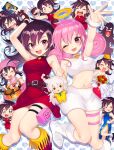 6+girls absurdres black_gloves buttons cake cake_slice card chicken_(food) chinese_clothes dango doughnut dress duel_masters flower food formal gloves halo heart_button highres kosi multiple_girls onigiri pink_hair purple_eyes purple_hair red_dress red_flower red_rose rose skirt suit tasogare_mimi wagashi white_footwear white_hair white_skirt yellow_suit 