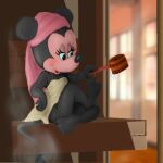  anthro barefoot black_body black_fur disney feet female funimal fur hi_res mammal minnie_mouse mouse mousetache murid murine rodent sauna solo steam strategically_covered towel towel_on_head towel_only 