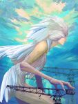  1girl cloud cloudy_sky commentary_request crane_(machine) feathered_wings feathers fingernails giant green_eyes highres monster monster_girl original outdoors sharp_fingernails sky solo toy(e) white_feathers wings yuugai_choujuu 