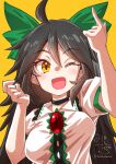  1girl absurdres ahoge black_hair bow breasts collared_shirt fang frilled_shirt_collar frills green_bow hair_between_eyes hair_bow highres long_hair looking_at_viewer medium_breasts mizuhara_(pix_ivi_xiq) one_eye_closed open_mouth puffy_short_sleeves puffy_sleeves reiuji_utsuho shirt short_sleeves skin_fang solo third_eye_on_chest touhou twitter_username upper_body white_shirt yellow_background yellow_eyes 