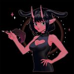  1girl :3 animal_ears bangs bare_arms bare_shoulders black_background black_dress black_hair bob_cut breasts cleavage cleavage_cutout clothing_cutout cropped_torso dress extra_ears fingernails gureseomueh halo hand_on_hip hand_up holding holding_quill horns korean_commentary looking_at_viewer medium_breasts oni_horns original parted_lips pointy_ears quill rabbit_ears sharp_fingernails short_hair skin_tight sleeveless sleeveless_dress solo sparkle 