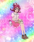  1girl aida_mana bag bow collar dokidoki!_precure frilled_collar frills hair_bow highres long_hair official_art one_side_up open_mouth pink_bow pink_eyes pink_hair pink_skirt precure precure_connection_puzzlun sharuru_(dokidoki!_precure) shoulder_bag sitting skirt smile solo third-party_source 