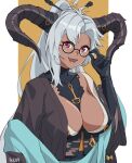  1girl artist_name between_breasts black_gloves black_kimono breasts clothes_between_breasts dark-skinned_female dark_skin elbow_gloves fangs fediel_(granblue_fantasy) fikkyun glasses gloves granblue_fantasy grey_hair hair_ornament hairpin haori horns japanese_clothes kimono large_breasts long_hair off_shoulder official_alternate_costume open_mouth pink_eyes ponytail round_eyewear shawl smile solo upper_body 