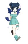  1girl aizawa_mint blue_choker blue_dress blue_eyes blue_footwear blue_hair blue_wings blush choker detached_sleeves double_bun dress full_body garam_(ramram1203) hair_bun highres korean_commentary magical_girl mew_mint smile solo tokyo_mew_mew white_background wings 