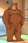  2023 anthro balls bear black_nose brown_body detailed_background flaccid genitals goujuyu hi_res humanoid_genitalia humanoid_hands humanoid_penis inside kemono male mammal musclegut penis question_mark slightly_chubby solo 