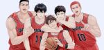  5boys akagi_takenori ball bangs bare_shoulders basketball basketball_jersey basketball_uniform black_hair black_wristband brown_eyes brown_hair clenched_hand collarbone commentary_request earrings expressionless grey_eyes grin hair_between_eyes hand_on_another&#039;s_head hand_on_another&#039;s_shoulder hand_up head_tilt highres holding holding_ball index_finger_raised jewelry looking_at_viewer male_focus mitsui_hisashi miyagi_ryouta multiple_boys one_eye_closed open_mouth parted_lips red_hair red_shirt red_shorts red_wristband rukawa_kaede sakuragi_hanamichi shirt short_hair shorts simple_background slam_dunk_(series) sleeveless sleeveless_shirt smile sportswear standing stud_earrings sweat teeth tongue twoframe undercut upper_teeth_only v-shaped_eyebrows white_background wristband 