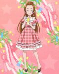  1girl bangs_pinned_back black_footwear brown_hair closed_eyes dokidoki!_precure earrings full_body gingham_dress highres jewelry long_hair madoka_aguri official_art precure precure_connection_puzzlun short_sleeves smile solo star_(symbol) star_earrings third-party_source 
