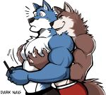  2023 anthro anthro_on_anthro artist_name barazoku biceps big_muscles big_pecs canid canine canis cellphone claws clothed clothing darknaigart duo emanata english_text eyebrows frown fur hand_on_chest hand_on_pecs hi_res male male/male mammal motion_lines muscular muscular_anthro muscular_male narrowed_eyes onomatopoeia pec_grab pecs phone reach_around simple_background smartphone smile sound_effects standing surprise text topless topless_anthro topless_male tuft underwear underwear_only white_background wolf 