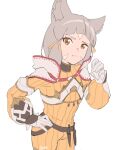  1girl animal_ear_fluff animal_ears artist_name belt cat_ears cowboy_shot facial_mark fikkyun flat_chest gloves grey_hair hand_on_hip hand_up highres jumpsuit looking_at_viewer nia_(xenoblade) short_hair simple_background solo whisker_markings white_background xenoblade_chronicles_(series) yellow_eyes 