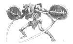  absurdres alex_palma arm_shield armor dual_wielding english_commentary extra_arms from_side full_body greyscale helmet highres holding holding_sword holding_weapon loincloth monochrome open_mouth original pauldrons shin_guards shoulder_armor skeleton sword weapon 
