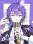  1boy blonde_hair blue_hair cherico doll_joints gradient_hair grin highres holding holding_microphone joints kirune_(voisona) male_focus microphone multicolored_hair purple_hair smile solo streaked_hair thick_eyebrows v voisona yellow_eyes 