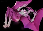  2023 anthro areola breasts dinosaur dromaeosaurid female green_eyes johnfoxart looking_at_viewer membrane_(anatomy) membranous_wings mighty_morphin_power_rangers multicolored_body navel nipples nude open_mouth open_smile purple_body reptile scalie simple_background smile solo theropod two_tone_body white_body wings 