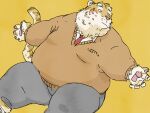  2023 anthro belly big_belly blush bottomwear clothing felid hi_res humanoid_hands kemono male mammal necktie overweight overweight_male pantherine pants pommn_mn shirt simple_background sitting solo tiger topwear 