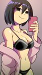  1girl absurdres bangs bare_shoulders black_bra black_eyes black_hair black_panties bob_cut bra breasts cellphone cleavage closed_mouth collarbone commentary cowboy_shot english_commentary gradient_background grey_background hair_between_eyes highres holding holding_phone looking_at_viewer medium_breasts midriff monogatari_(series) navel no_gloves off_shoulder oneshot open_clothes open_shirt oshino_ougi panties phone pink_background pink_shirt selfie shirt short_hair skindentation smartphone smile solo taking_picture underwear undressing 