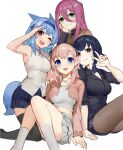  4girls :d akizone animal_ears arm_support bangs bare_arms bare_shoulders black_shirt black_thighhighs blue_eyes blue_hair blue_hairband breasts brown_pantyhose closed_mouth crop_top feet_out_of_frame final_fantasy final_fantasy_xiv grey_shirt grey_skirt hairband highres jacket jewelry knees_up large_breasts layered_skirt looking_at_viewer multiple_girls necklace open_clothes open_jacket pantyhose pink_jacket purple_hair red_eyes shirt skirt smile socks thighhighs w 