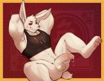  anthro barazoku bodily_fluids bottomless clothed clothing crop_top cum cum_drip cum_on_chest cum_string dripping erection genital_fluids hi_res lagomorph leporid looking_at_viewer lunar_new_year lying male mammal muscular on_back rabbit red_sclera shirt shirt_only smile solo thrisker topwear topwear_only 