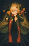  1girl asymmetrical_legwear asymmetrical_sleeves bangs black_background black_coat black_flower blonde_hair blue_eyes boots coat expressionless fingerless_gloves flower gloves hair_flower hair_ornament hair_over_one_eye hands_on_own_knees head_rest head_tilt highres hugging_own_legs isekai_joucho kamitsubaki_studio knee_boots knees_up lights long_hair looking_at_viewer plant red_flower red_footwear single_fingerless_glove single_knee_boot single_thigh_boot sitting solo thigh_boots very_long_hair vines wan_2220 wavy_hair 