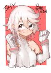  1girl absurdres artist_name blush border bukimi_isan character_name commentary copyright_name detached_sleeves elbow_gloves gloves highres momijiyama_teru official_art red_eyes short_hair shy_(character) shy_(series) solo sweatdrop torn_clothes white_border white_gloves 