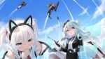  2girls aircraft airplane animal_ears artist_request azur_lane biplane blue_eyes blush brown_eyes contrail dress_shirt drone fake_animal_ears fingerless_gloves glasses gloves green_hair hairband hammann_(azur_lane) hammann_ii_(azur_lane) hologram holographic_interface langley_(azur_lane) langley_ii_(azur_lane) long_hair multiple_girls necktie official_art science_fiction shirt twintails white_hair 