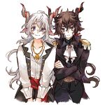  2boys animal_ears arknights black_hair black_jacket black_pants black_shirt black_vest blue_eyes bow brooch commentary cowboy_shot cropped_legs crossed_arms ebenholz_(arknights) epaulettes green_eyes hair_between_eyes hair_bow horns ivority jacket jewelry kreide_(arknights) long_hair long_sleeves looking_at_viewer male_focus multiple_boys pants pendant red_bow shirt simple_background smile symbol-only_commentary vest white_background white_hair white_shirt 