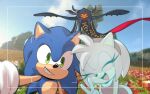  1boy 1girl amy_rose closed_eyes facing_viewer furry furry_female furry_male gloves grass green_eyes grin hologram kiioki11 looking_at_viewer monster open_mouth outdoors selfie smile sonic_(series) sonic_frontiers sonic_the_hedgehog squid_(sonic_frontiers) taking_picture v white_gloves 