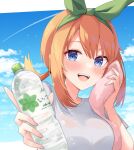 1girl :d bangs blue_eyes blue_sky blush bottle breasts cloud cloudy_sky commentary_request contrail day eyebrows_hidden_by_hair go-toubun_no_hanayome green_hairband green_ribbon hair_between_eyes hair_ribbon hairband highres holding holding_bottle holding_towel looking_at_viewer low_ponytail medium_breasts nakano_yotsuba orange_hair ponytail profnote ribbon shirt short_sleeves sidelocks sky smile solo towel upper_body water_bottle white_shirt 