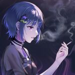  1girl black_choker black_shirt black_tank_top blue_hair choker cigarette from_side fu_d_ko holding holding_cigarette koshimizu_toru nijisanji open_mouth purple_eyes see-through shirt short_hair smoke smoking solo tank_top triangle_hair_ornament upper_body virtual_youtuber 