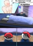  bed blush comic dialogue faceless_character faceless_male furniture hi_res human inside male mammal night nintendo noconcession pokeball pokemon sleeping solo surprise 