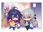  2girls :d ahoge ankle_boots black_footwear blue_eyes blue_hair bodystocking boots bronya_rand chibi clothing_request company_name copyright_name drill_hair earrings full_body grey_eyes grey_hair hand_on_own_face honkai:_star_rail honkai_(series) jewelry long_hair multiple_girls official_art pom-pom_(honkai:_star_rail) seele_(honkai:_star_rail) smile stuffed_toy thigh_boots trailblazer_(honkai:_star_rail) trailblazer_(honkai:_star_rail)_(female) trailblazer_(honkai:_star_rail)_(male) 