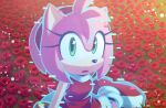  1girl :o amy_rose animal_nose boots bracelet dress flower furry furry_female green_eyes hairband hologram jewelry kiioki11 looking_at_viewer on_ground open_mouth red_dress red_flower red_hairband red_rose rose solo sonic_(series) sonic_frontiers 