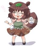  1girl animal_ears blush bottle breasts brown_hair brown_skirt cleavage closed_eyes collarbone full_body futatsuiwa_mamizou glasses highres holding holding_bottle leaf leaf_on_head open_mouth raccoon_ears raccoon_tail rokugou_daisuke round_eyewear short_hair short_sleeves simple_background skirt smile solo standing tail touhou white_background 