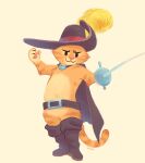  anthro boots cape clothing dreamworks feathers footwear fur hat headgear headwear male melee_weapon mirudraws orange_body orange_fur paws puss_in_boots_(dreamworks) simple_background solo sword weapon 
