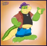  2023 3_toes 4_fingers alligator alligatorid anthro belly bottomwear brok_(character) brok_the_investigator clothing crocodilian dobietakahama feet fingers green_body hat headgear headwear hi_res humanoid_hands male pants reptile scalie shirt slightly_chubby solo toes topwear 