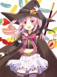  1girl :d absurdres arm_warmers bangs belt black_cape black_headwear black_shirt black_sleeves blush brown_belt candy cape crop_top detached_sleeves food fruit fujishiro_emyu hat highres looking_at_viewer macaron magia_record:_mahou_shoujo_madoka_magica_gaiden magical_girl mahou_shoujo_madoka_magica midriff miniskirt misono_karin navel open_mouth parted_bangs pink_ribbon pleated_skirt pocky print_skirt red_eyes ribbon shirt skirt smile solo star_(symbol) star_print strawberry thighhighs two_side_up white_skirt witch_hat yellow_gemstone 