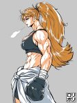  1girl abs absurdres bandage_on_face bandages boxing_gloves breath clothes_around_waist highres jamrolypoly long_hair looking_to_the_side muscular muscular_female orange_hair original ponytail solo sweat tank_top 