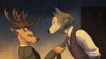  absurd_res anthro antlers beastars canid canine canis clothed clothing clothing_pull deer detailed_background duo eye_contact hi_res horn inside likanen looking_at_another louis_(beastars) louis_pulling_legoshi male mammal necktie necktie_pull wolf 