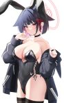  1girl :o absurdres alternate_breast_size animal_ears bare_shoulders black_hair black_jacket black_leotard black_thighhighs blue_archive bow breasts cat_ears cleavage collarbone colored_inner_hair covered_navel groin hair_bow halo hands_up highres jacket kazusa_(blue_archive) large_breasts leotard looking_at_viewer multicolored_hair neko_lu_(wofud453) off_shoulder parted_lips pink_hair playboy_bunny red_bow red_eyes simple_background solo thighhighs thighs white_background 