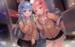  2girls bag bangs black_pantyhose blue_hair blunt_bangs blurry blurry_background blush breasts brown_cardigan candy cardigan collared_shirt commentary_request food hair_ornament hair_ribbon hairclip hand_on_hip holding holding_candy holding_food holding_lollipop kotonoha_akane kotonoha_aoi lollipop long_hair long_sleeves looking_at_viewer miniskirt multicolored_hair multiple_girls nail_polish pantyhose pink_hair pleated_skirt red_eyes ribbon shin_(new) shirt skirt small_breasts smile very_long_hair voiceroid w white_shirt 