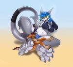  4_toes 5_fingers anthro blue_hair breasts claws duo feet female fingers fish foot_focus grey_body grey_scales hair jazzumi marine micro navel nikki_(pogonip) non-mammal_breasts orange_body orange_scales scales shark smile soles toe_claws toes 