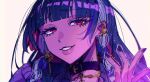  1girl :3 bangs braid colored_inner_hair grey_hair hair_behind_ear half-closed_eyes highres long_hair lonom looking_at_viewer meloco_kyoran multicolored_hair nijisanji nijisanji_en parted_lips pink_hair portrait purple_hair purple_nails purple_theme red_eyes side_braids sketch smile solo streaked_hair virtual_youtuber white_background 