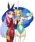  2girls animal_ears b_suke blonde_hair breasts calamity_jane_(fate) calamity_jane_(third_ascension)_(fate) fate/grand_order fate_(series) galaxy ishtar_(fate) large_breasts long_hair multiple_girls navel official_art phone pink_hair rabbit_ears selfie smile space_ishtar_(astarte_origin)_(fate) space_ishtar_(fate) star_(symbol) thick_thighs thighs v white_background 