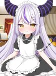  1girl :t ahoge alternate_costume apron black_dress black_horns braid braided_bangs circle_skirt commentary_request crying crying_with_eyes_open demon_girl demon_horns dress enmaided grey_hair highres hololive horns la+_darknesss long_hair maid maid_apron maid_headdress mochiko_(yawamochi851) multicolored_hair pointy_ears pout puffy_short_sleeves puffy_sleeves purple_hair purple_horns short_sleeves slit_pupils solo streaked_hair striped_horns tail tears very_long_hair virtual_youtuber waitress white_apron yellow_eyes 