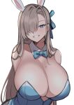  1girl :d absurdres animal_ears asuna_(blue_archive) bare_shoulders blue_archive blue_bow blue_bowtie blue_eyes blush bow bowtie breasts brown_hair cleavage detached_collar empty_eyes fake_animal_ears grin hair_over_one_eye highres huge_breasts imuzi leotard long_hair mole mole_on_breast parted_lips playboy_bunny rabbit_ears red_leotard simple_background smile solo strapless strapless_leotard traditional_bowtie upper_body very_long_hair white_background 