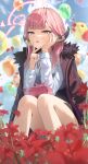  1girl absurdres aru_(blue_archive) balloon bangs bento blue_archive blue_sky blunt_bangs breasts cloud coat coat_on_shoulders flower fur_trim halo head_rest hidulume highres horns long_hair looking_at_viewer open_clothes open_coat open_mouth orange_eyes pink_hair sitting sky solo v 
