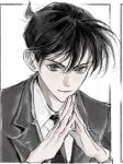  1boy bangs blazer border closed_mouth collared_shirt hands_up highres jacket kudou_shin&#039;ichi looking_at_viewer male_focus meitantei_conan monochrome necktie outside_border own_hands_together partially_colored portrait school_uniform shirt short_hair simple_background sketch smile solo steepled_fingers willowofzion 
